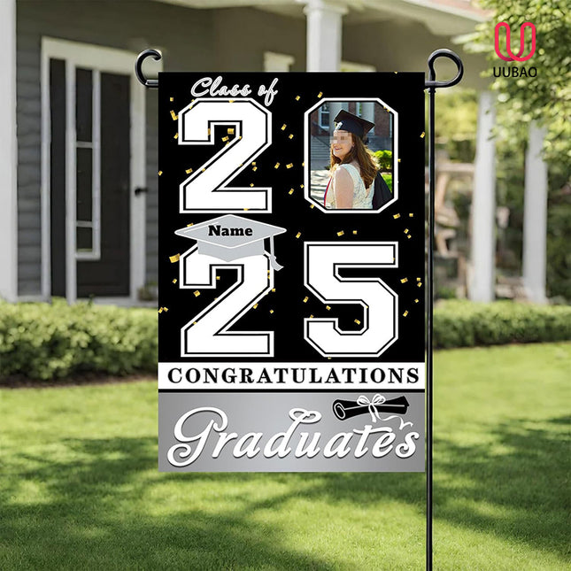 UUBAO Custom Graduation Garden Flag with Photo Class of 2025 Congrats Grad Double Sided Yard Flag Decorative Gifts (Black and Silver)