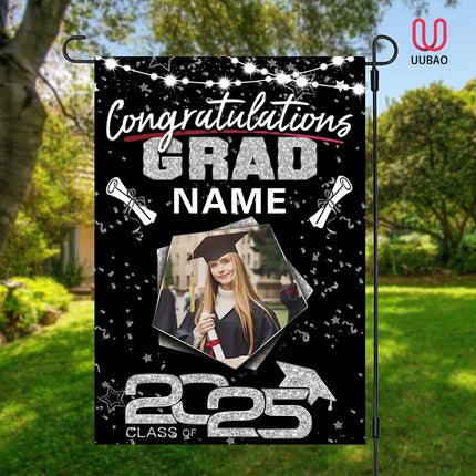 UUBAO Custom Graduation Garden Flag with Photo Class of 2025 Congrats Grad Double Sided Yard Flag Decorative Gifts (Black and Silver)