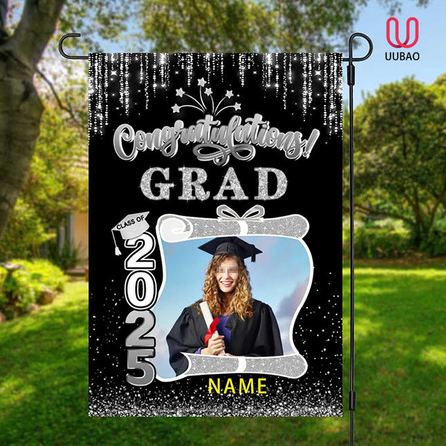 UUBAO Custom Graduation Garden Flag with Photo Class of 2025 Congrats Grad Double Sided Yard Flag Decorative Gifts (Black and Silver)