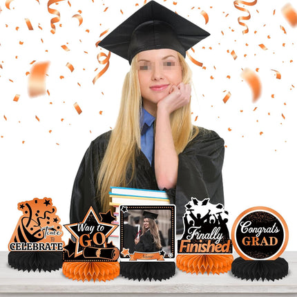 UUBAO 9 PCS Custom Graduation Party Honeycomb Centerpieces Class of 2025 Congrats Grad Decorations Congratulate Graduation Table Toppers for Graduation Party Favor Supplies (Orange)