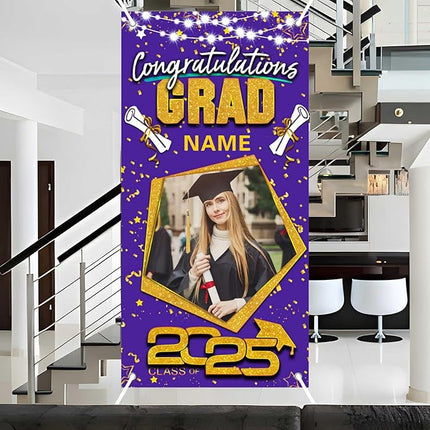 UUBAO Custom Graduation Party Decorations Personalization Banner Class of 2025 Backdrop Door Cover (Purple and Gold)