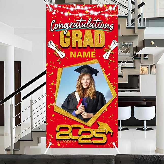 UUBAO Custom Graduation Party Decorations Personalization Banner Class of 2025 Backdrop Door Cover (Red and Gold)