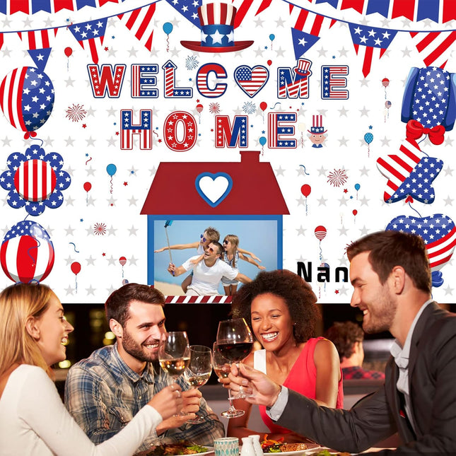 UUBAO Custom Welcome Home Decorations Kit Military Red White and Blue Balloons Patriotic Paper Fans Star Streamers Tablecloth for Patriotic Memorial Day Deployment Returning Party Decor