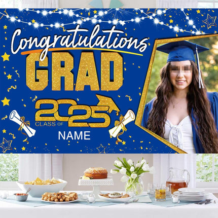 UUBAO Custom Graduation Party Decorations Personalization Banner Class of 2025 Backdrop (Blue and Gold)