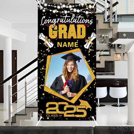 UUBAO Custom Graduation Party Decorations Personalization Banner Class of 2025 Backdrop Door Cover (Black and Gold)