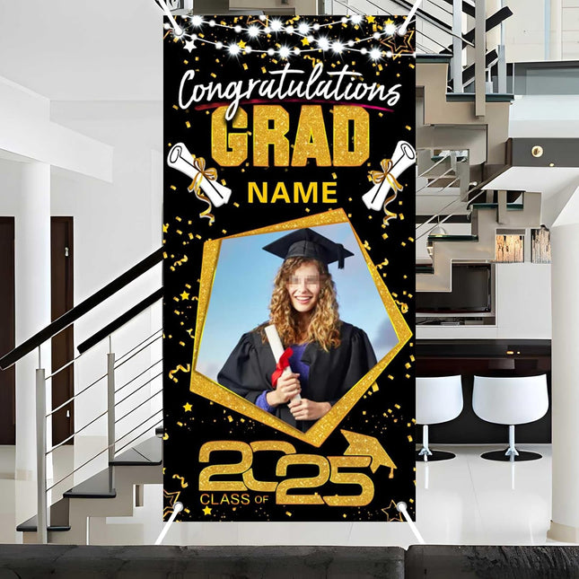 UUBAO Custom Graduation Party Decorations Personalization Banner Class of 2025 Backdrop Door Cover (Black and Gold)
