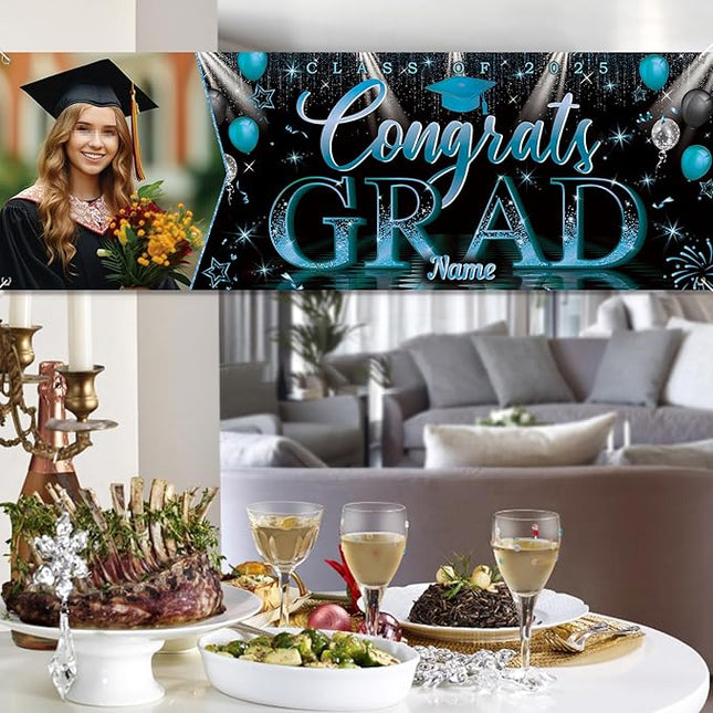 UUBAO Custom Graduation Party Decorations Personalization Banner Class of 2025 Backdrop (Sky Blue）