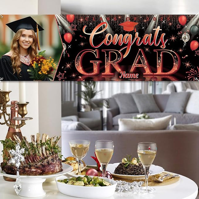 UUBAO Custom Graduation Party Decorations Personalization Banner Class of 2025 Backdrop (Red）