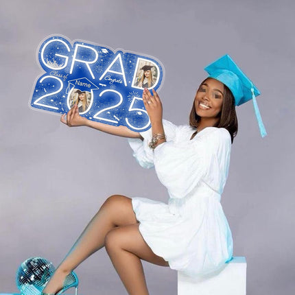 UUBAO Personalized Graduation Gift Neon Signs Congrats Grad LED Light Signs with Photo 2025 Party Backdrop Light Sign Decor (Blue and Silver)