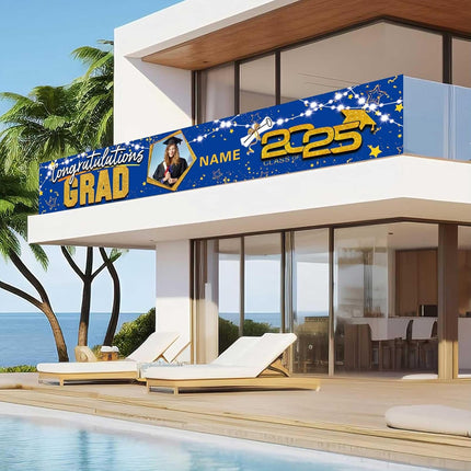 UUBAO Custom Graduation Party Decorations 2025 Personalization Congrats Grad Banner Graduation Backdrop(Blue and Gold)