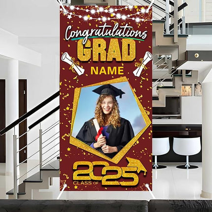 UUBAO Custom Graduation Party Decorations Personalization Banner Class of 2025 Backdrop Door Cover (Maroon and Gold)
