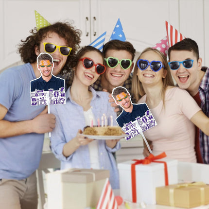 UUBAO Personalized Double Sided Happy Birthday Photo Prop Face Fan Customized Birthday Fun Supplies(Purple and Silver)