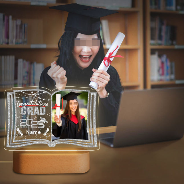 UUBAO Custom Night Light with Photo Name 2025 Personalized Graduation Led Lamp for Women Man Gifts for College High School (Silver)