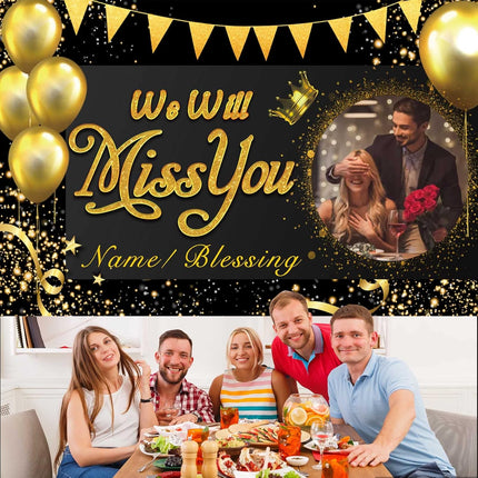 UUBAO Custom We Will Miss You Decorations Banner,Farewell Going Away Party for Anniversary Retirement Graduation Party(Black Gold)