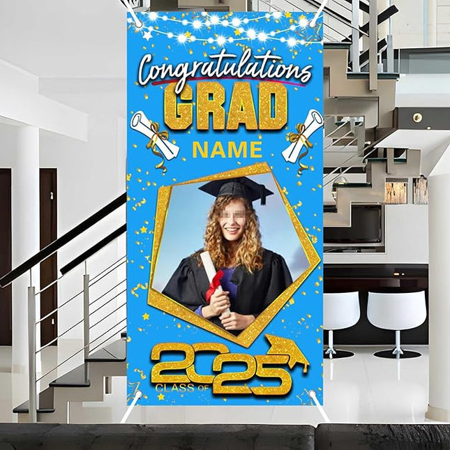UUBAO Custom Graduation Party Decorations Personalization Banner Class of 2025 Backdrop Door Cover (Sky Blue and Gold)