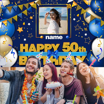 UUBAO Custom Happy Birthday Decorations Banner Backdrop for Women Men Boys Girls Personalization Navy Blue Birthday Party Supplies