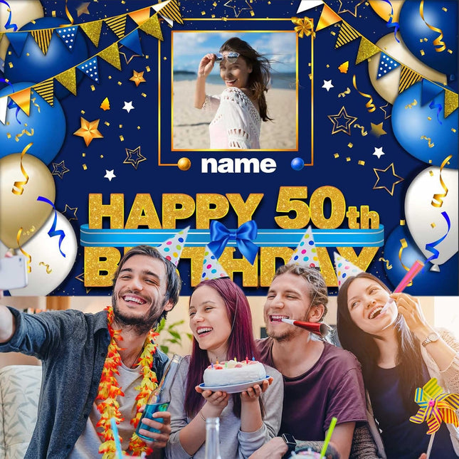 UUBAO Custom Happy Birthday Decorations Banner Backdrop for Women Men Boys Girls Personalization Navy Blue Birthday Party Supplies