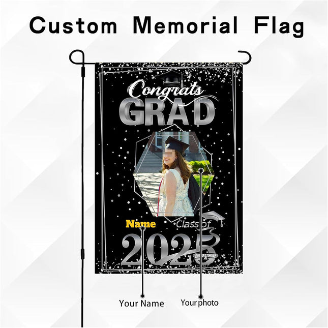 UUBAO Custom Graduation Garden Flag with Photo Class of 2025 Congrats Grad Double Sided Yard Flag Decorative Gifts (Black and Silver)