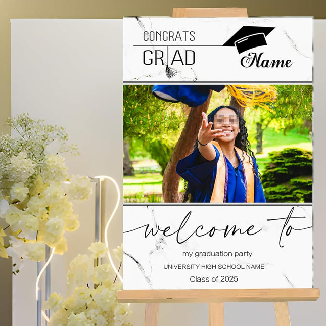 UUBAO Customized Welcome Sign for Graduation Party Personalized Acrylic Sign with Photo Name Class of 2025 Graduation Decor(Marble)
