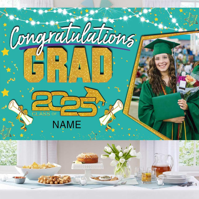 UUBAO Custom Graduation Party Decorations Personalization Banner Class of 2025 Backdrop (Peacock Blue and Gold)