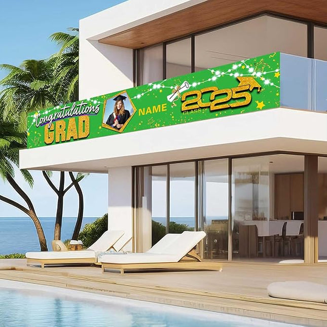 UUBAO Custom Graduation Party Decorations 2025 Personalization Congrats Grad Banner Graduation Backdrop(Light Green and Gold)