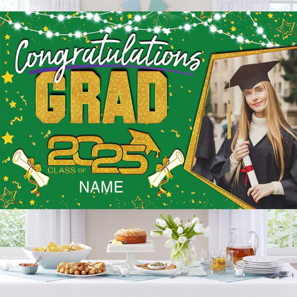UUBAO Custom Graduation Party Decorations Personalization Banner Class of 2025 Backdrop (Dark Green and Gold)