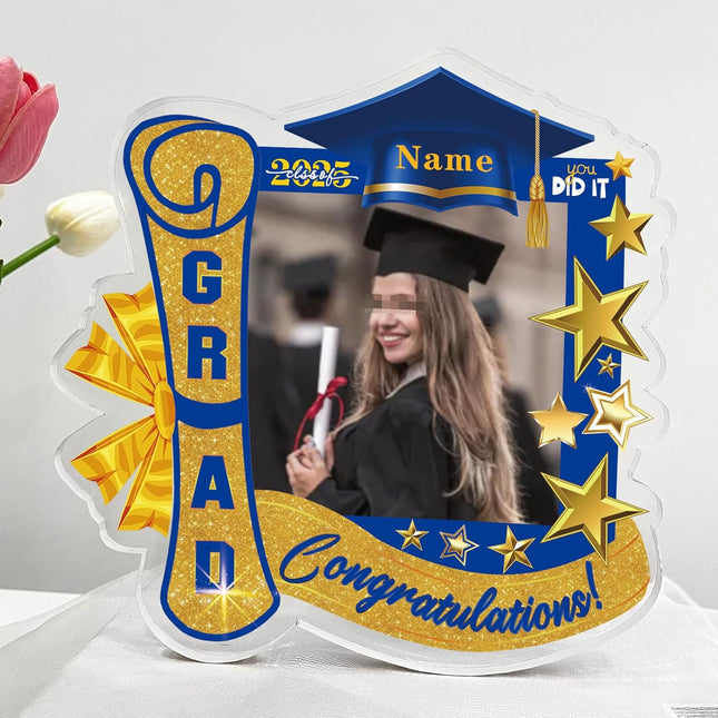 UUBAO Customized Graduation Plaque with Single Picture Custom Picture 2025 Congrats Grad Crystal Desktop Farewell Keepsake Gift (Blue and Gold)