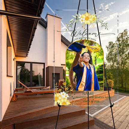 UUBAO Customized Welcome Sign for Graduation Party Personalized Acrylic Sign with Photo Name Class of 2025 Graduation Decor(Yellow Flower)