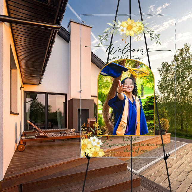 UUBAO Customized Welcome Sign for Graduation Party Personalized Acrylic Sign with Photo Name Class of 2025 Graduation Decor(Yellow Flower)