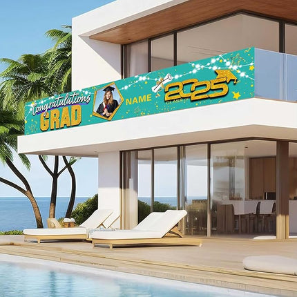 UUBAO Custom Graduation Party Decorations 2025 Personalization Congrats Grad Banner Graduation Backdrop(Peacock Blue and Gold)