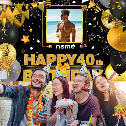 UUBAO Custom Black Gold Theme Birthday Banner for Party Happy Birthday Backdrop Decoration Personalized with Name and Photo