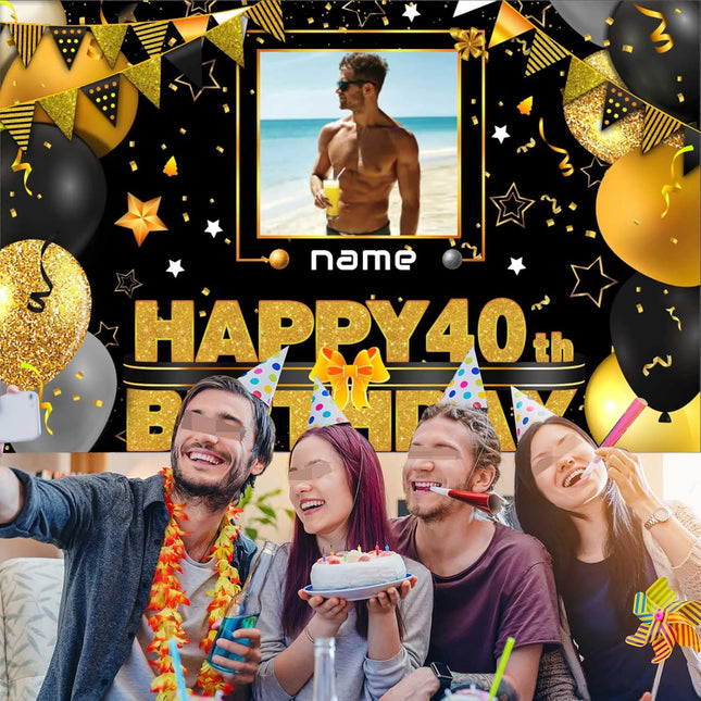 UUBAO Custom Black Gold Theme Birthday Banner for Party Happy Birthday Backdrop Decoration Personalized with Name and Photo