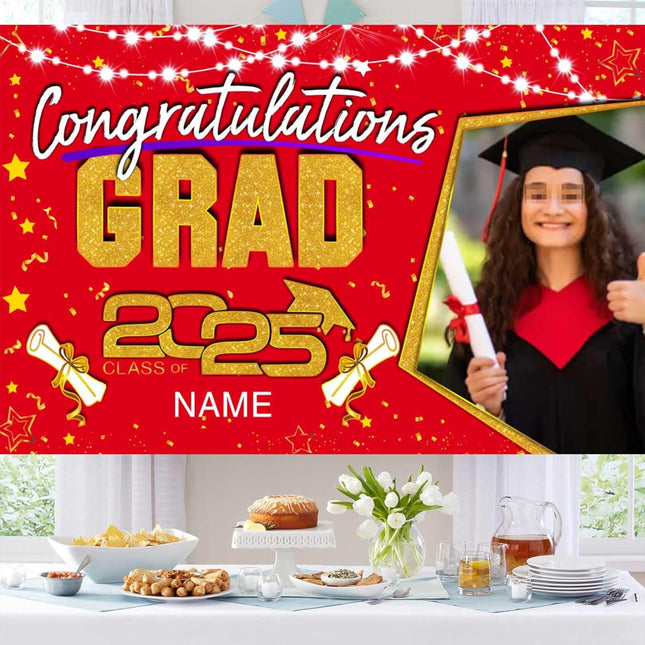 UUBAO Custom Graduation Party Decorations Personalization Banner Class of 2025 Backdrop (Red and Gold)