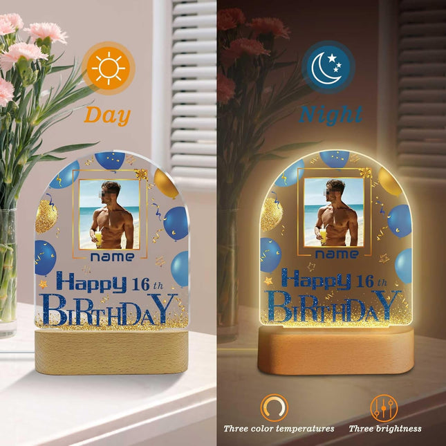 UUBAO Personalized Happy Birthday Night Light Gift with Photo Customized Acrylic Lamp for Her Mom Daughter Grandma Nana(Blue and Gold)