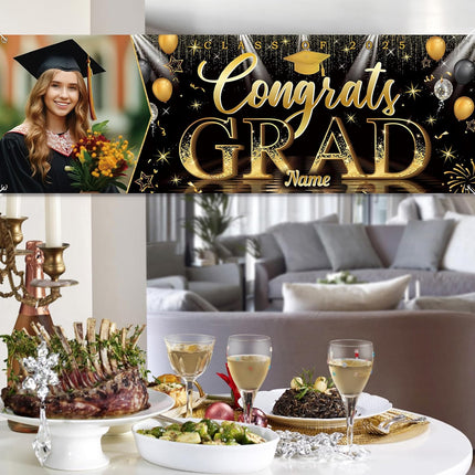 UUBAO Custom Graduation Party Decorations Personalization Banner Class of 2025 Backdrop (Black and Gold）