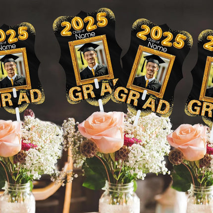 UUBAO Personalized Graduation Double Sided Face Fan Class of 2025 Customized Graduation Head Face Cutout with Handle Fun Photo Prop Supplies(Black and Gold)