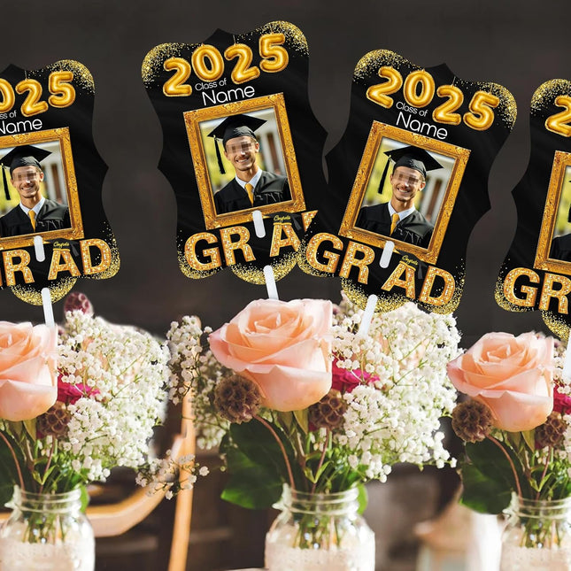 UUBAO Personalized Graduation Double Sided Face Fan Class of 2025 Customized Graduation Head Face Cutout with Handle Fun Photo Prop Supplies(Black and Gold)