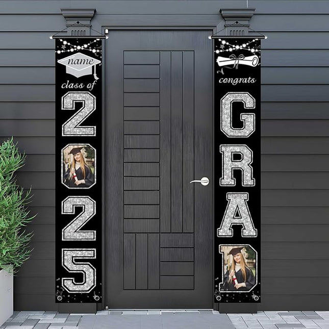 UUBAO Custom Graduation Party Decorations 2025 Personalization Congrats Grad Banner Graduation Front Door Porch Sign Backdrop(Black and Silver)