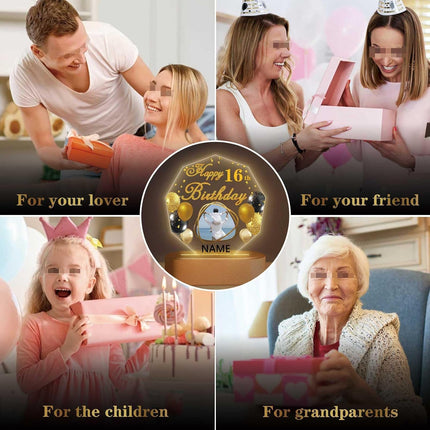 UUBAO Personalized Happy Birthday Night Light Gift with Photo Customized Acrylic Lamp for Her Mom Daughter Grandma Nana(Black and Gold)