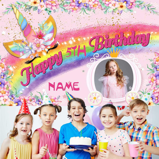 UUBAO Custom Unicorn Rainbow Happy Birthday Party Decorations Supplies Personalized Unicorn Rainbow Birthday Backdrop Banner