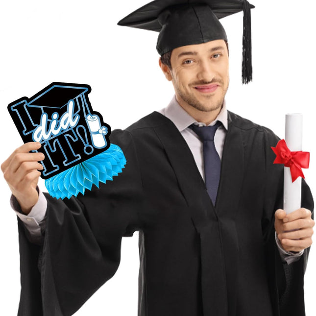 UUBAO 9 PCS Custom Graduation Party Honeycomb Centerpieces Class of 2025 Congrats Grad Decorations Congratulate Graduation Table Toppers for Graduation Party Favor Supplies (Sky Blue)