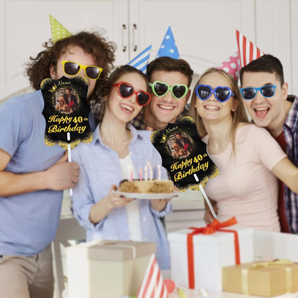 UUBAO Personalized Double Sided Happy Birthday Photo Prop Face Fan Customized Birthday Fun Supplies(Black and Gold)