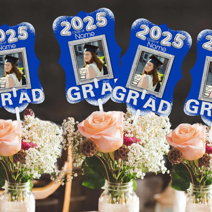 UUBAO Personalized Graduation Double Sided Face Fan Class of 2025 Customized Graduation Head Face Cutout with Handle Fun Photo Prop Supplies(Blue and Silver)