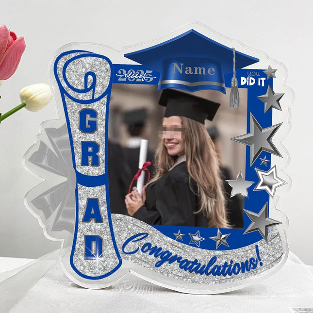 UUBAO Customized Graduation Plaque with Single Picture Custom Picture 2025 Congrats Grad Crystal Desktop Farewell Keepsake Gift (Blue and Silver)