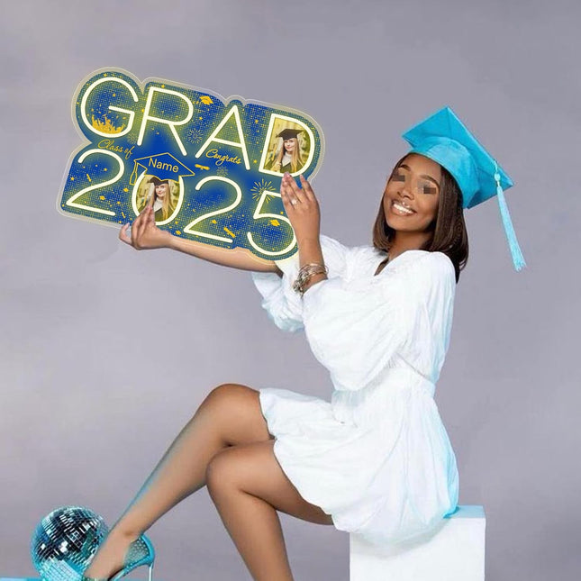 UUBAO Personalized Graduation Gift Neon Signs Congrats Grad LED Light Signs with Photo 2025 Party Backdrop Light Sign Decor (Blue and Gold)