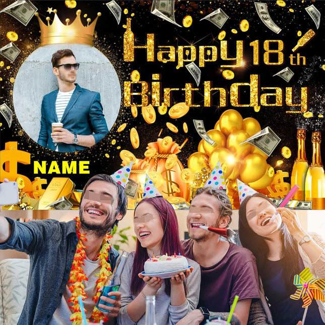 UUBAO Custom Happy Birthday Decorations Banner Backdrop for Women Men Boys Girls Personalization Black and Gold Birthday Party Supplies