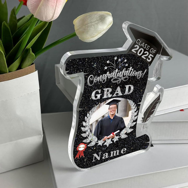 UUBAO Personalized Graduation Gift Class of 2025 Desk Paperweight Farewell Memorial Decorative Signs Plaques with Photo (Black and Silver)