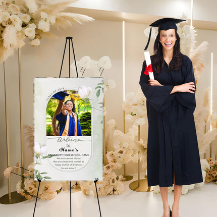 UUBAO Customized Welcome Sign for Graduation Party Personalized Acrylic Sign with Photo Name Class of 2025 Graduation Decor(White Flower)