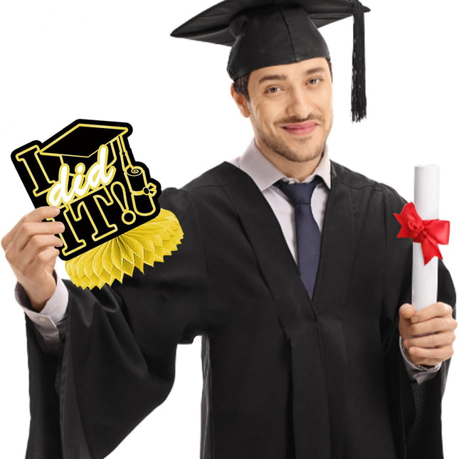 UUBAO 9 PCS Custom Graduation Party Honeycomb Centerpieces Class of 2025 Congrats Grad Decorations Congratulate Graduation Table Toppers for Graduation Party Favor Supplies (Yellow)