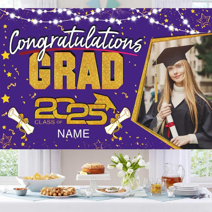 UUBAO Custom Graduation Party Decorations Personalization Banner Class of 2025 Backdrop (Purple and Gold)